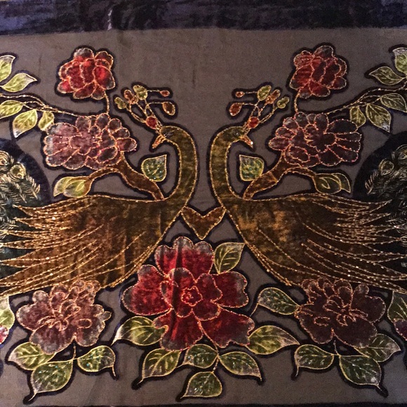 Accessories - Embroidered velvet peacock scarf